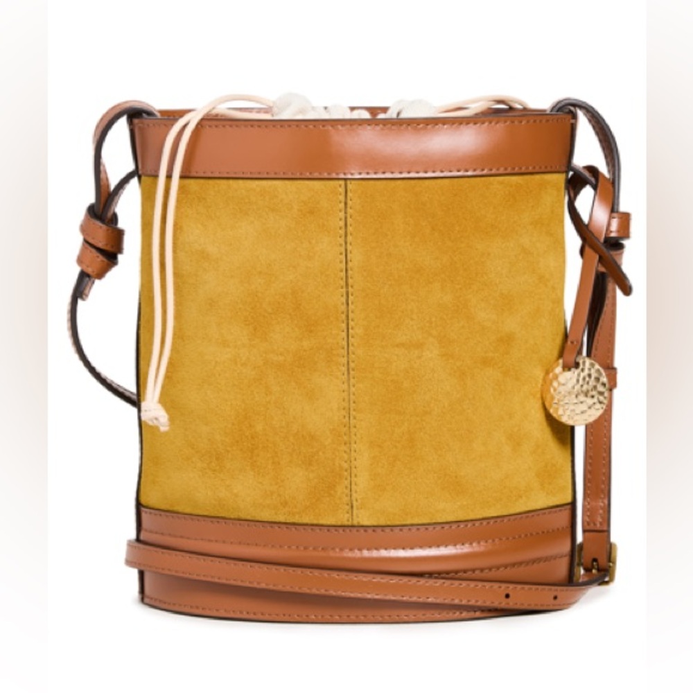 ANITA LEATHER-TRIMMED SUEDE BUCKET BAG IN YELLOW